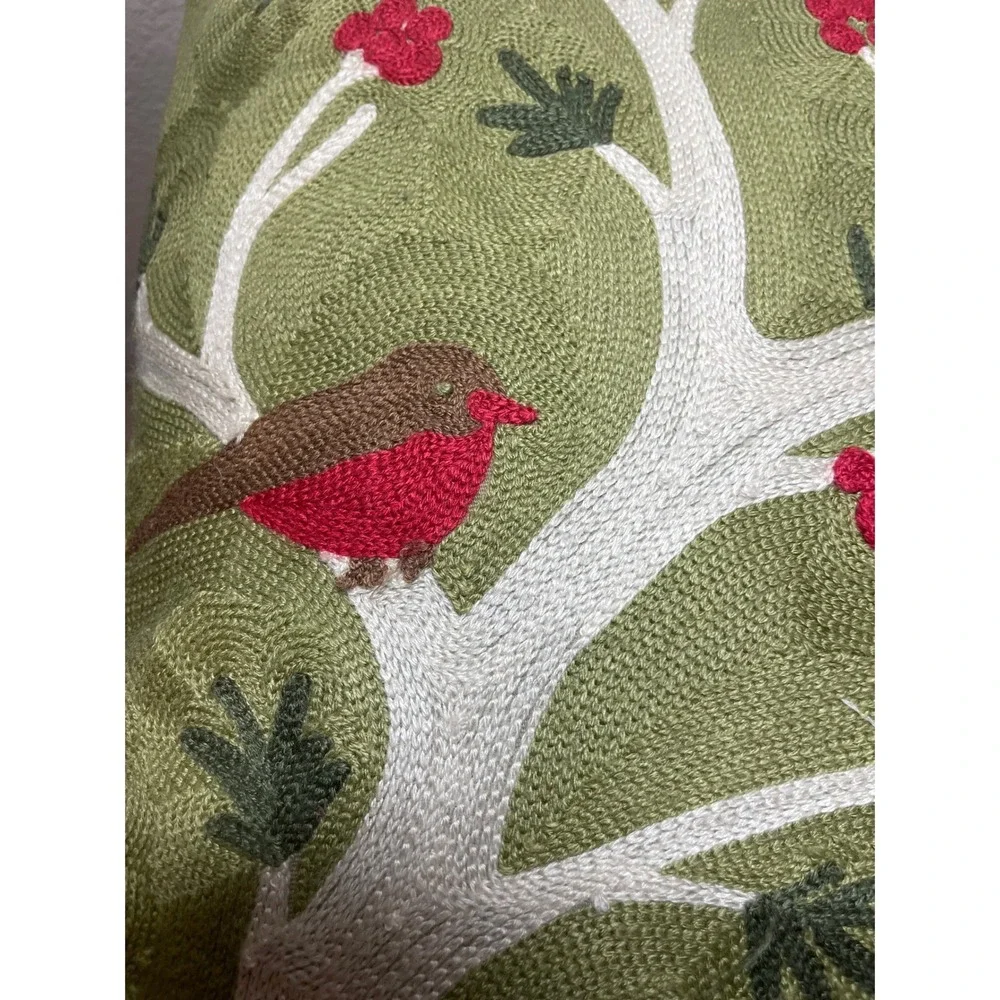 Pottery Barn Embroidered Bird Berries Limbs 17‎ x 17 Pillow w Feather Insert